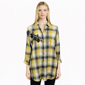 Anthropologie Maeve Yellow Plaid Oversized Embroidered Shirt Top Womens Size M/L